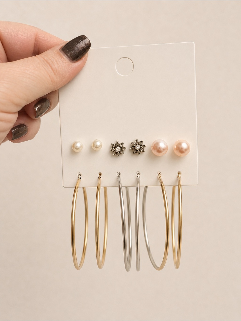 6 Pair Earring Set Pearl Rhinestone Studs Gold Silver Hoop Earrings